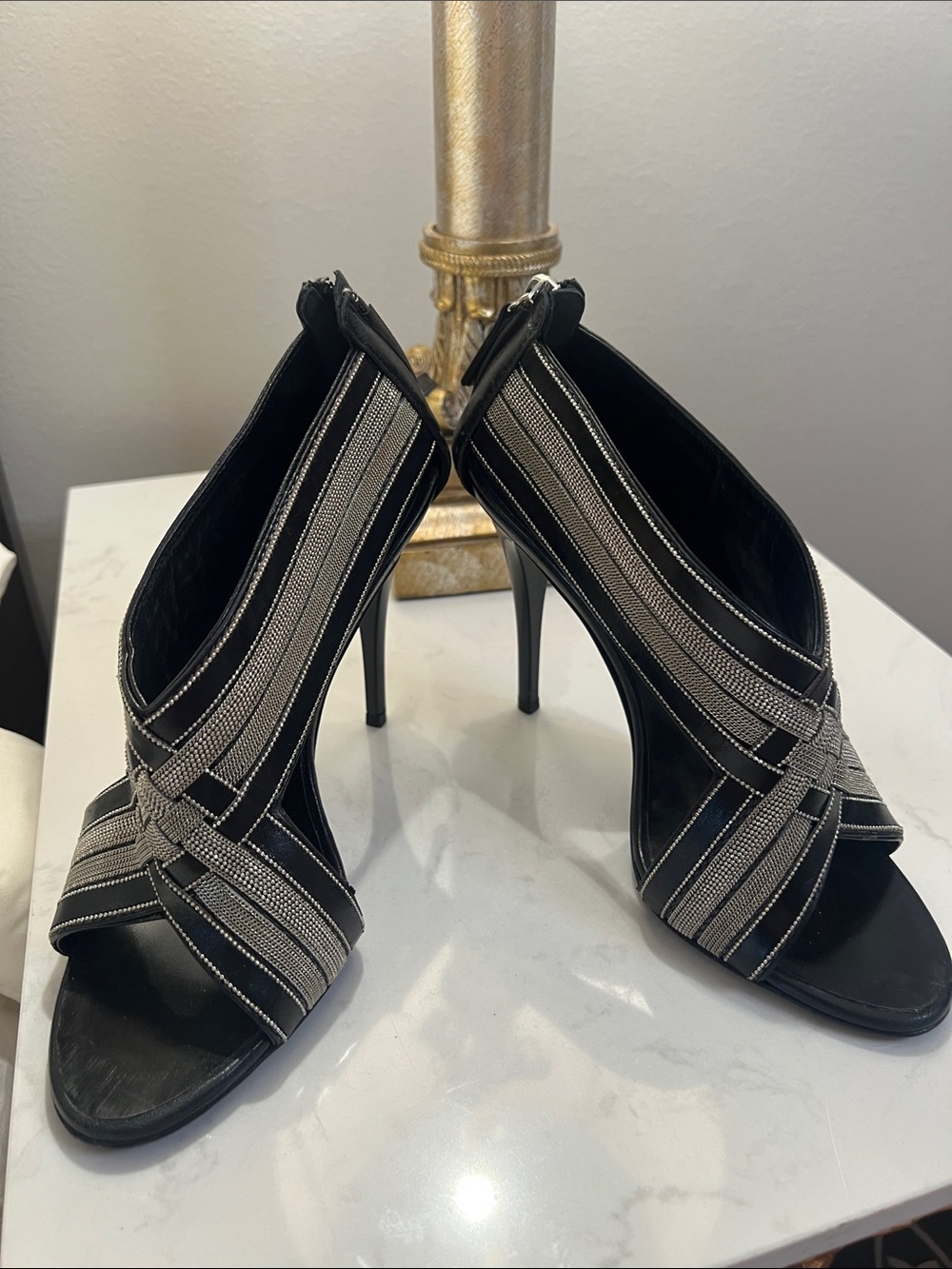 Giuseppe Zanotti Black Open-Toe Stiletto Sandals with Silver Straps